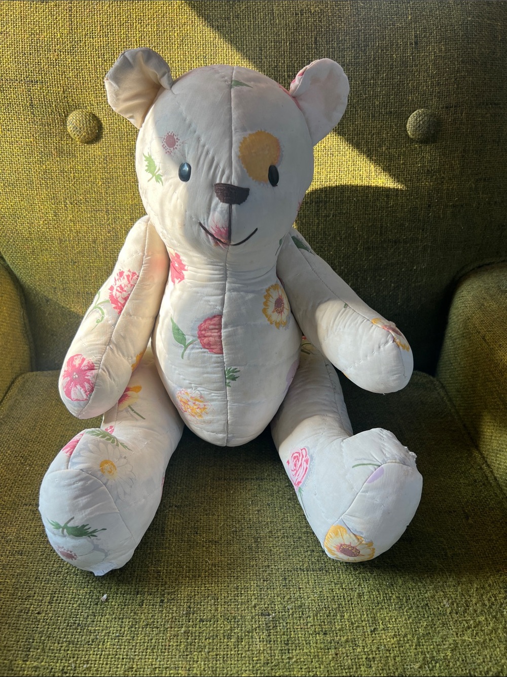 Floral Pattern Cream Plush Teddy Bear~Arms and Legs move~Hand Made